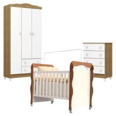 Quarto de Bebê Mel Flat com Berço Americano New Nanda Branco Acetinado Amadeirado - Carolina