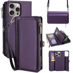 MInCYB Capa carteira para iPhone 16 Plus com alça transversal e suporte magnético destacável de couro sintético com bloqueio de RFID para mulheres e homens, 6,7 polegadas - roxo