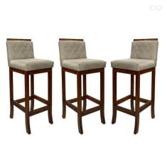 Kit 3 Banquetas Alta com Encosto Matelassê Nice Madeira Maciça Suede B