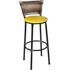 Banqueta Alta Preta com Encosto Junco Capuccino Assento Amarelo