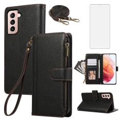 Asuwish Capa de celular para Samsung Galaxy S21 Plus S21+ 5G com zíper carteira celular com protetor de tela de vidro temperado alça transversal suporte para cartão S21+5G S21plus 21S + S 21 21+ G5