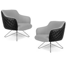 Kit 02 Poltronas Decorativas Jade Base Orby Giratória C-315 Corano Tressê Linho Cinza Claro - Domi