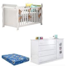 Berço Americano Lara e Cômoda Infantil Lívia Branco Brilho com Colchão