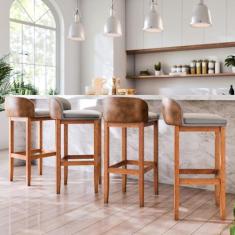 Kit 4 Banquetas Altas Para Bancada Com Encosto Estofado Pé Em Madeira 