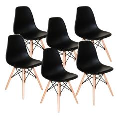 Conjunto 6 Cadeiras Charles Eames Eiffel Wood Base Madeira - Preta