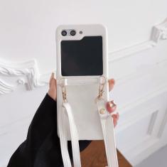 Capa de telefone à prova de choque com cordão crossbody para Samsung Galaxy Z Flip 5 4 3 Flip5 Flip4 Flip3 5G Capa de couro macio para prevenção de quedas, branca, para Galaxy Z Flip 3 5G
