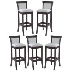 Kit 5 Banquetas Alta Estofada Encosto Mônaco 36x100Cm Madeira Maciça Linho Bege Cru L71