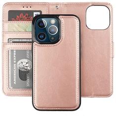 Bocasal Capa carteira destacável para iPhone 13 Pro com bloqueio de RFID, compartimentos para cartões, couro sintético premium, suporte magnético, à prova de choque, alça de pulso removível, flip 5G,