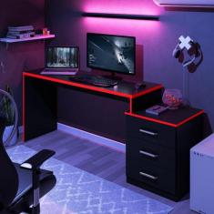 Mesa Gamer com 3 Gavetas Basileios Preto vermelho - Mais de Casa