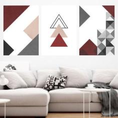 Kit 3 Quadros Decorativos Geométrico Vermelho e Bege 45x34cm - Quadros