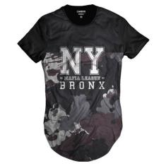 Camiseta Longline Mafia Bronx New York Camuflada Swag, Preto, GG