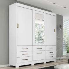 Guarda Roupa Casal com Espelho 3 Portas 8 Gavetas com Pés em MDF Luiza Panan - Branco