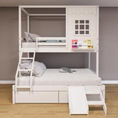 Beliche Casinha Reta Casal/ Solteiro com 02 Gavetas e Escorregador Madeira Maciça Branco Housin