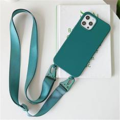 Capa de silicone fosco com alça de colar crossbody para iPhone 15 14 Pro Max 11 12 13 Mini XR X XS 7 8 Plus SE Capa à prova de choque, verde escuro, para iPhone 15 Plus