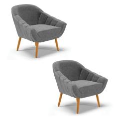 Kit 02 Poltronas Giovana Linho Grafite A26 Pés Palito Castanho D03 - D