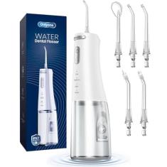 Onlyone Irrigador bucal portátil de 300 ml para dentes, 4 modos e 5 pontas de jato, limpador de irrigação recarregável, fio dental elétrico e acessórios de irrigador branco