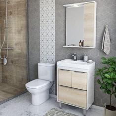 Conjunto Gabinete de Banheiro e Espelheira com Led Eleganza Ozini Branco/legno Crema