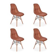 Conjunto 4 Cadeiras Dkr Charles Eames Wood Estofada Botonê - Marrom -
