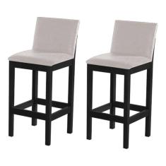 Kit 2 Banquetas Alta Pérola com Encosto Estofado Linho Bege Madeira Maciça Preto