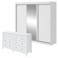 Conjunto de Guarda-Roupa 3 Portas 3 Gavetas Saion Plus 1 Porta Glass e Cômoda Maggiore New Branco