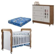 Berço Mirelle E Cômoda Mariah Branco Acetinado Amadeirado Com Colchão 