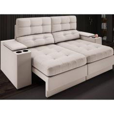 Sofá com Porta Copos e Carregador USB Eureka 1,70m Assento Retrátil e Reclinável Velosuede Areia - NETSOFAS