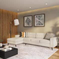 Sofá 4 Lugares Joy com Chaise Esquerdo Pé Palito Linho Cotton Cru - Mo