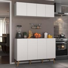 Kit Armário de Cozinha Aéreo e Balcão 4 Portas Retrô Multimóveis Mp2170 Branco/natural