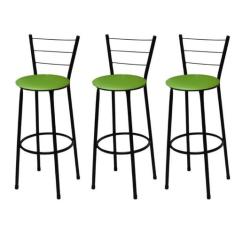 Kit 3 Banquetas Alta Preta com Assento Verde Fortmix