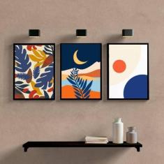 Kit 3 Quadros Folhagem e Lua Multicoloridos 45x34cm - Quadros On-line,