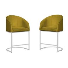 Kit 02 Banco Banqueta Poltrona Mia Base Metal Branca Veludo - Fina Mob