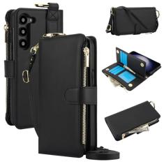 Capa carteira para Samsung Galaxy A14 4G/5G, [bloqueio RFID] [bolso com zíper] [porta-cartão] capa protetora flip de couro PU com corda transversal/pulso/anel capa de telefone masculina e feminina