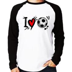 Camiseta Raglan I Love Futebol Manga Longa - Foca na Moda, Branco, Pre