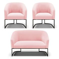 Sofá Namoradeira e 2 Poltronas Base Industrial Preto Stella Suede Rosa Bebê D03 - D`Rossi