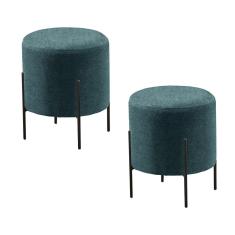 Conjunto - 2 Puffs Banqueta Odim Base Metálica Preta Luxo Linho Azul