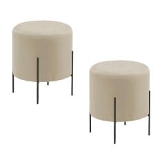 Conjunto - 2 Puffs Banqueta Odim Base Metálica Preta Luxo Veludo Bege Claro