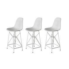 Kit 3 Banquetas Bistrô Alta Eames Eiffel Branca Base Ferro Branco - Cor: Branco