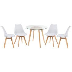 Loft7, KIT - Mesa de vidro Leda 80 cm + 4 cadeiras estofadas Leda branco