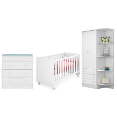 Quarto infantil Guarda Roupa, Cômoda Trocador e Berço Mini Cama Americano Branco – FdECOR