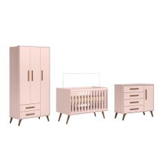 Berço Mini Cama + Guarda Roupa Infantil 3 Portas + Comoda Sapateira Retro - Rosa