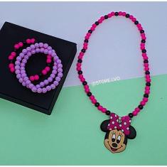 Kit Conjunto Colar e Pulseiras Infantil Meninas com Miçangas Pérolas Coloridas Princesas Minnie Sereia Monica Unicórnio
