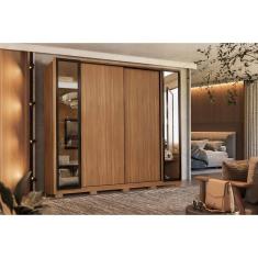 Guarda Roupa Solteiro 4 Portas de Correr e 4 Gavetas c/ 2 Vidros Reflecta e Pés Laredo Flex Nogueira/Nogueira ou Nude - Demóbile