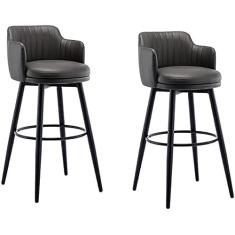 Banquetas De Bar Cinza Giratória Cadeira De Barra Conjunto De 2 Bancos Com Encosto Altura Do Balcão De Cozinha Com Braços, Assento Estofado Cromado Com Pedal De Couro Nappa, Para Bares, Cafés, Lou