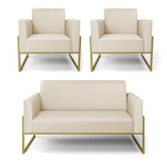 Sofá Namoradeira Com 2 Poltronas Base Industrial Alta Dourado Marisa Corino Bege D03 - D\`rossi