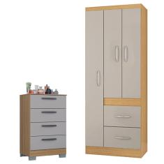 Cômoda 867 4 Gavetas com Guarda Roupa Solteiro Milão 3 Portas Damasco Off White - Poquema