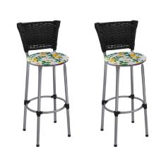 Kit 2 Banquetas Altas Prata com Encosto Junco Preto Assento Floral Branco