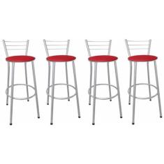 Kit 4 Banquetas Médias Prata com Encosto Assento Vermelho - Fortmix