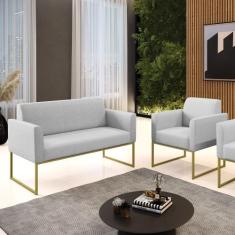 Sofá Namoradeira e 1 Poltrona Marisa Aço Industrial Dourado Linho D03 