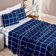 Jogo De Lençol Minimalista Casal 4 Peças Percal 200 Fios Quadriculado - Azul Marinho - 100% Poliéster