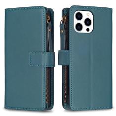 Capa com alça de pulso para iPhone 15 Pro, 9 compartimentos para cartão, 1 carteira de couro com zíper, suporte flip com fecho magnético, capa para celular compatível com iPhone 15 Pro 5G 6,1